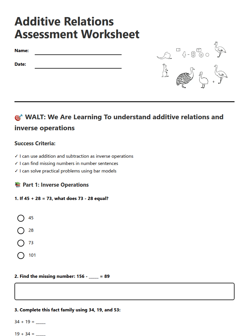 Additive Relations Assessment Worksheet worksheet preview