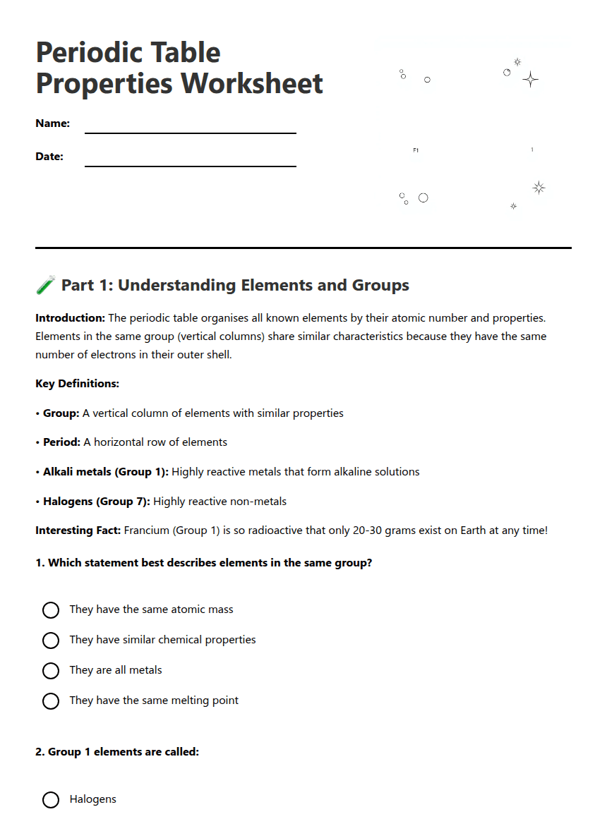 Periodic Table Properties Worksheet worksheet preview