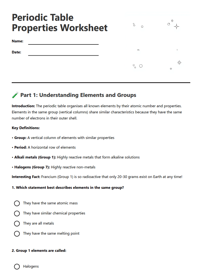 Periodic Table Properties Worksheet