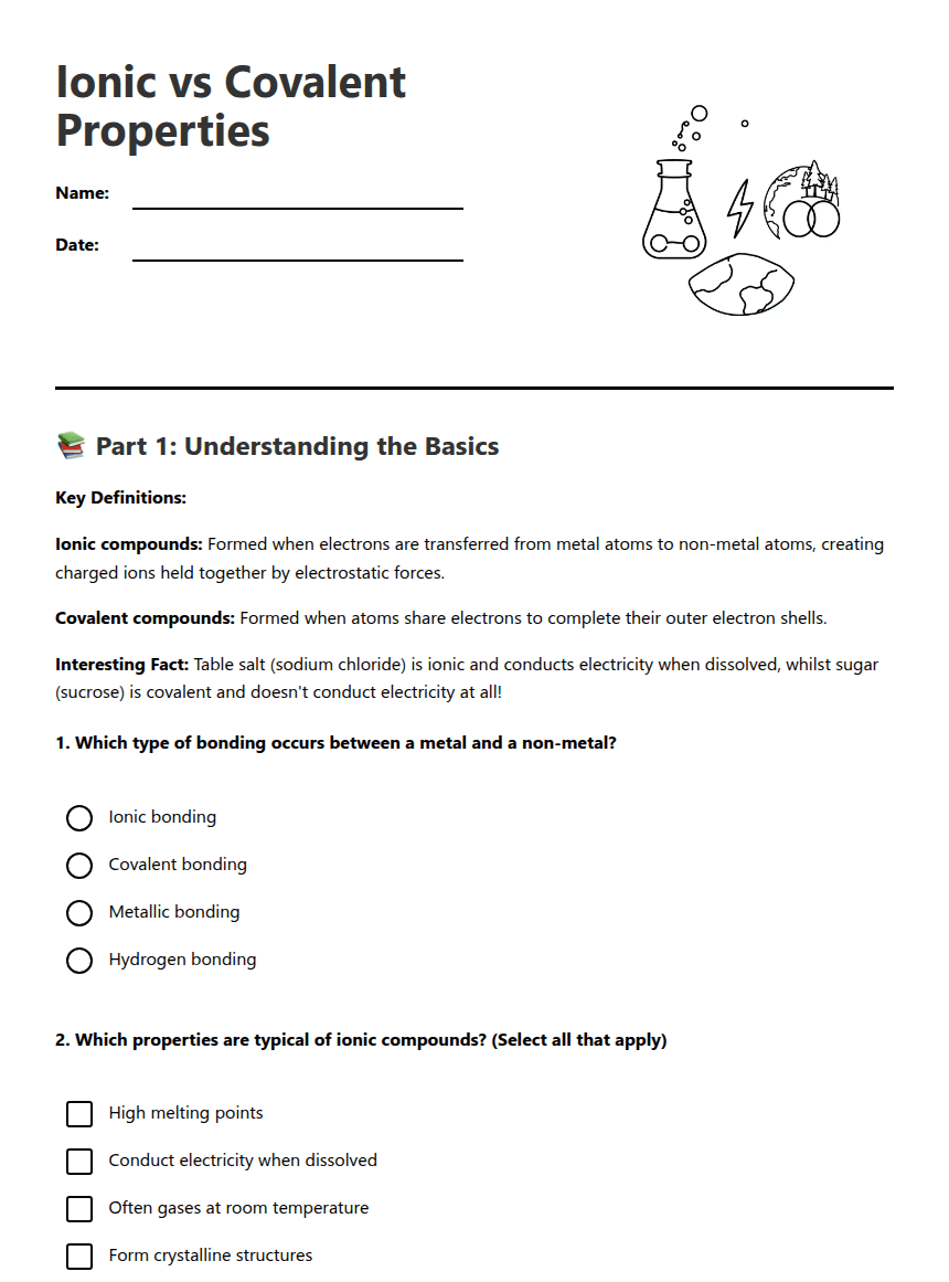 Ionic vs Covalent Properties worksheet preview