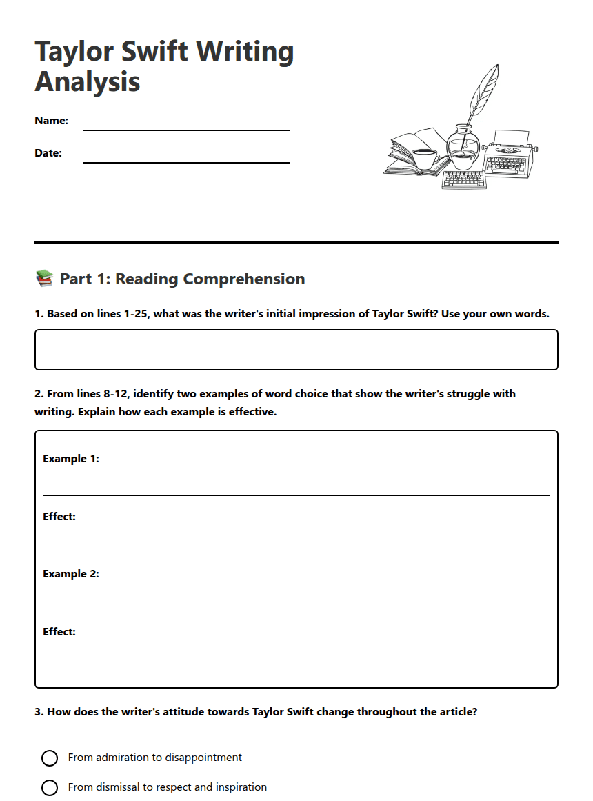 Taylor Swift Writing Analysis worksheet preview