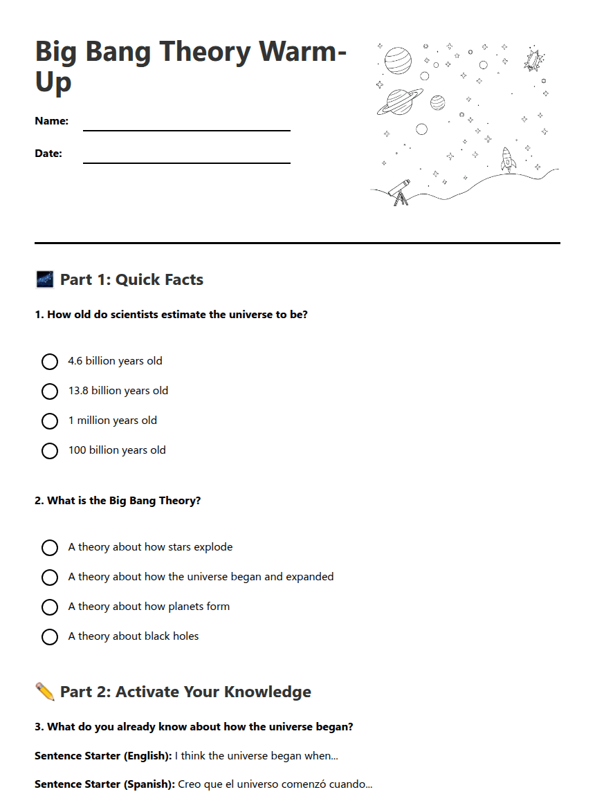 Big Bang Theory Warm-Up worksheet preview