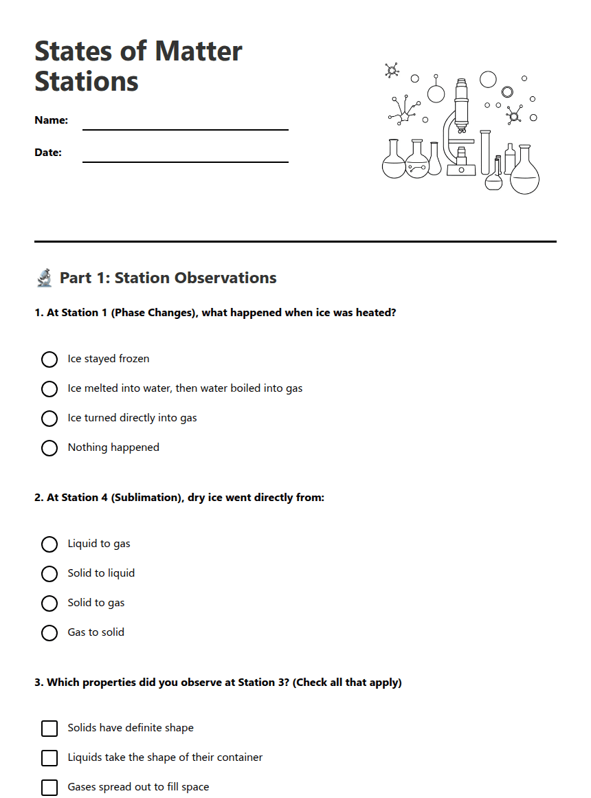 States of Matter Stations worksheet preview