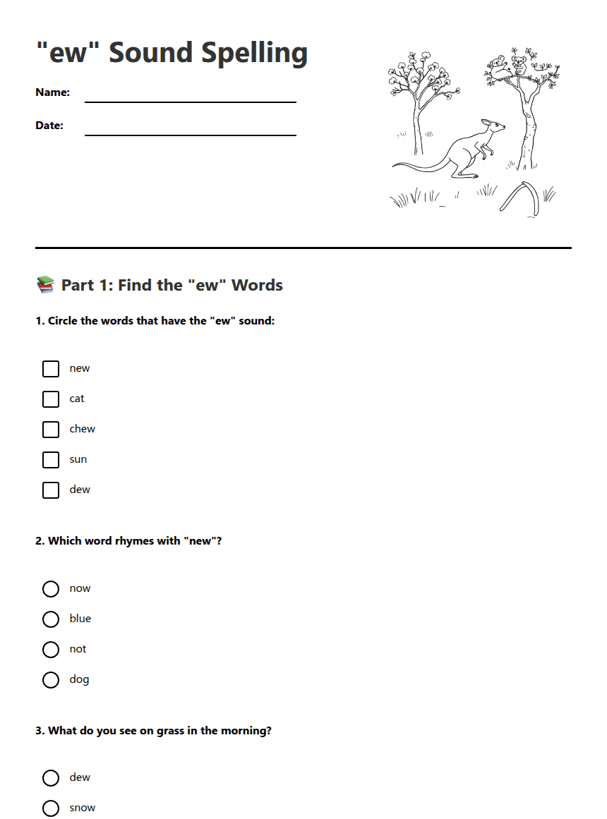 "ew" Sound Spelling worksheet preview