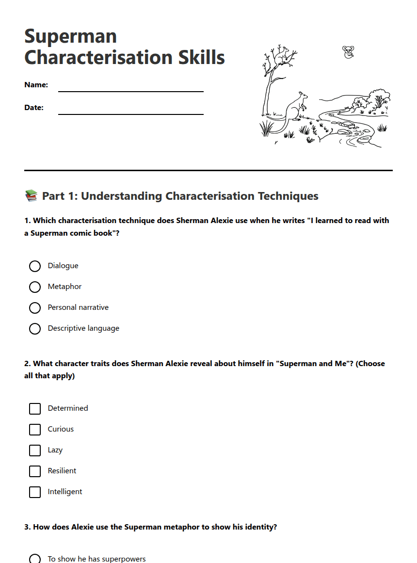Superman Characterisation Skills worksheet preview