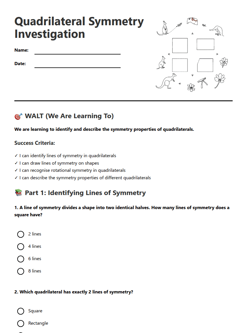 Quadrilateral Symmetry Investigation worksheet preview