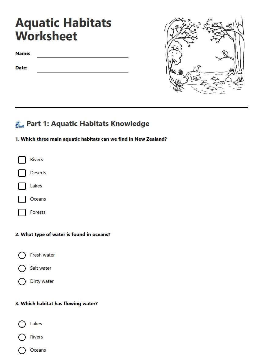 Aquatic Habitats Worksheet worksheet preview
