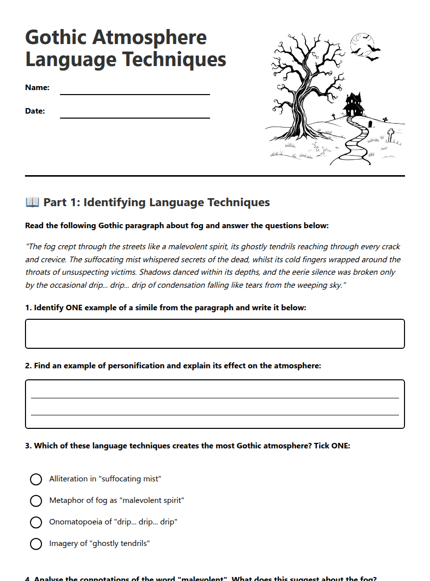 Gothic Atmosphere Language Techniques worksheet preview