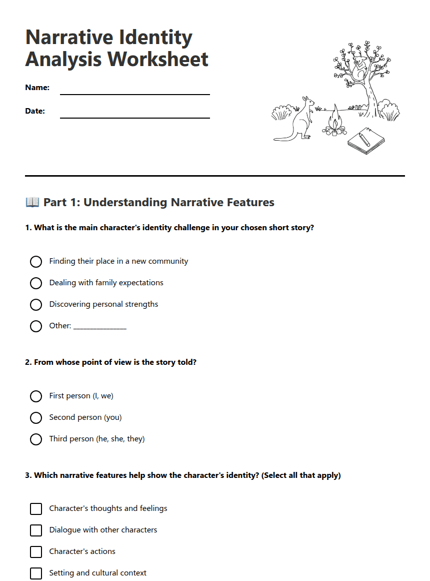 Narrative Identity Analysis Worksheet worksheet preview