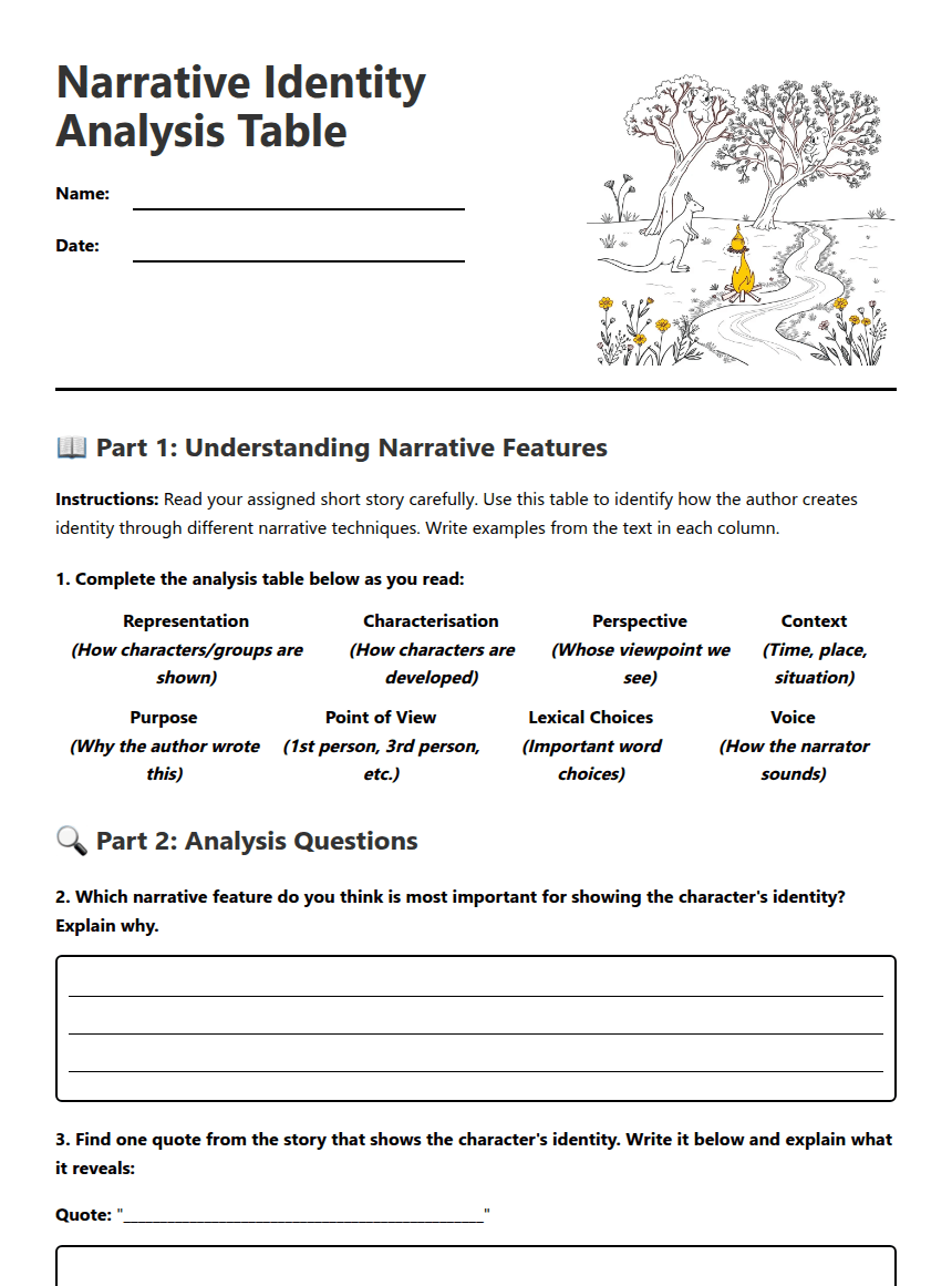 Narrative Identity Analysis Table worksheet preview