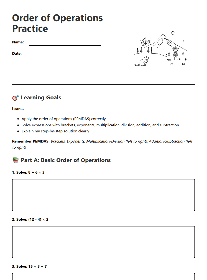 Order of Operations Practice worksheet preview