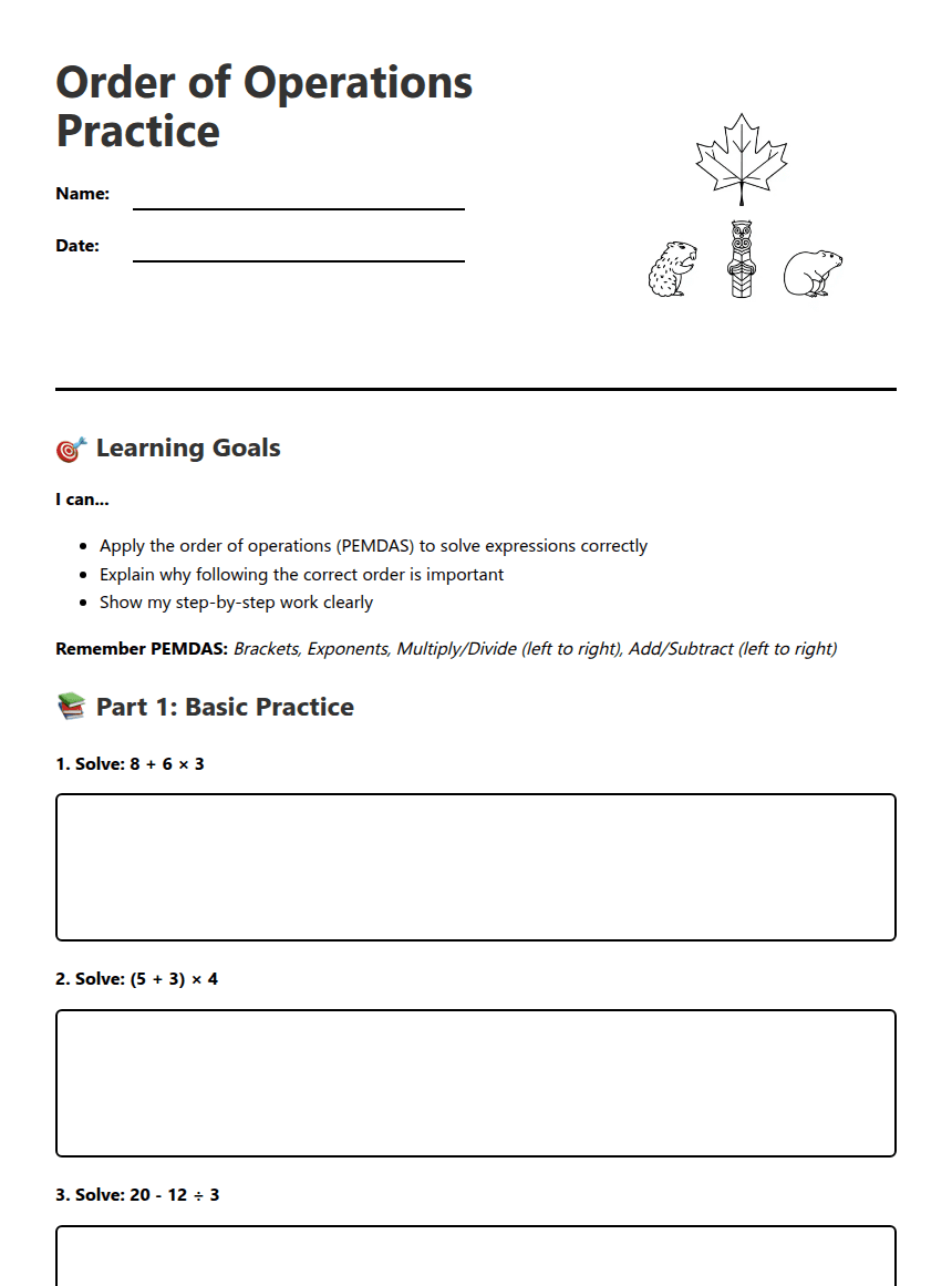 Order of Operations Practice worksheet preview