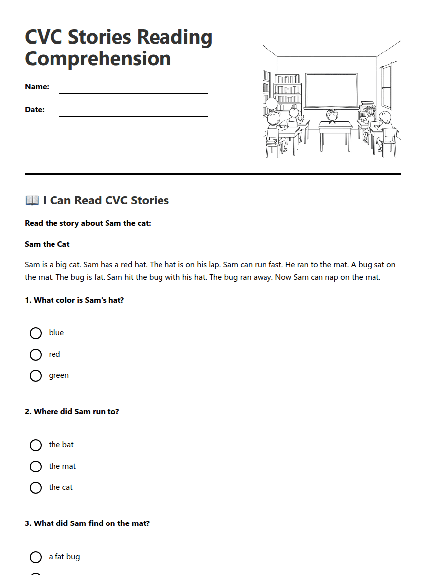 CVC Stories Reading Comprehension worksheet preview