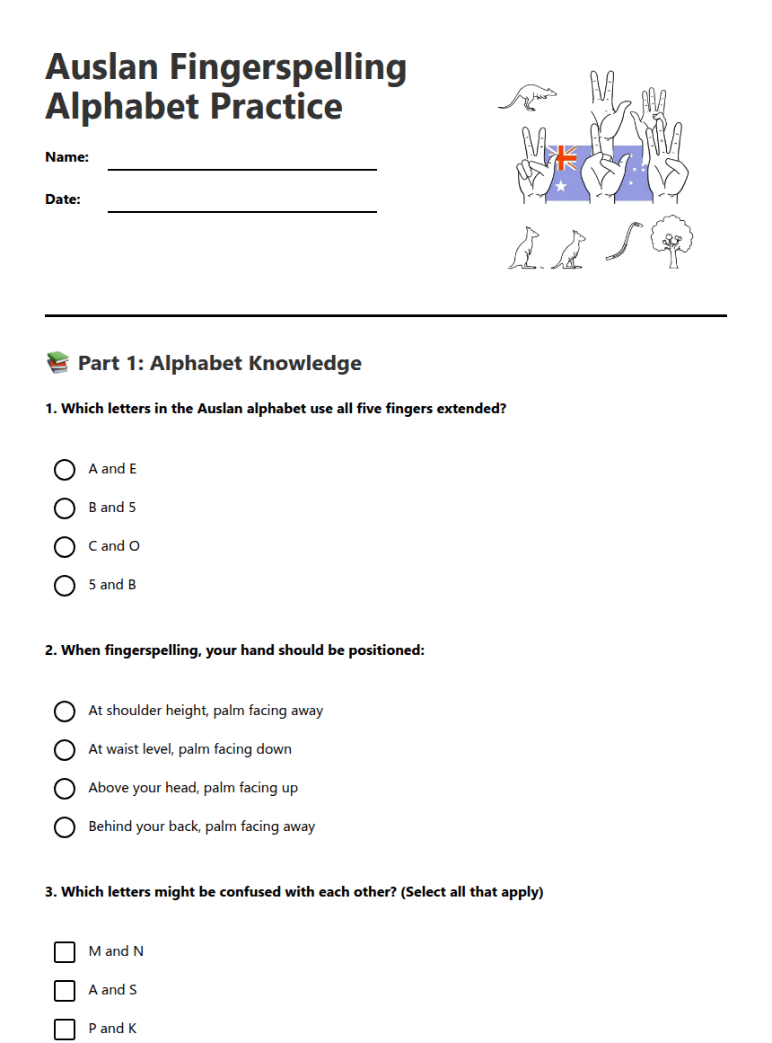 Auslan Fingerspelling Alphabet Practice worksheet preview
