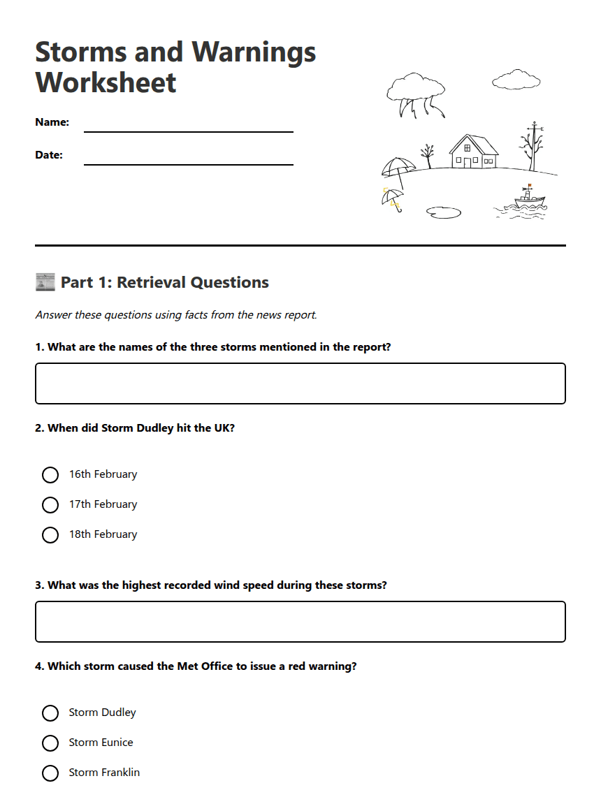 Storms and Warnings Worksheet worksheet preview