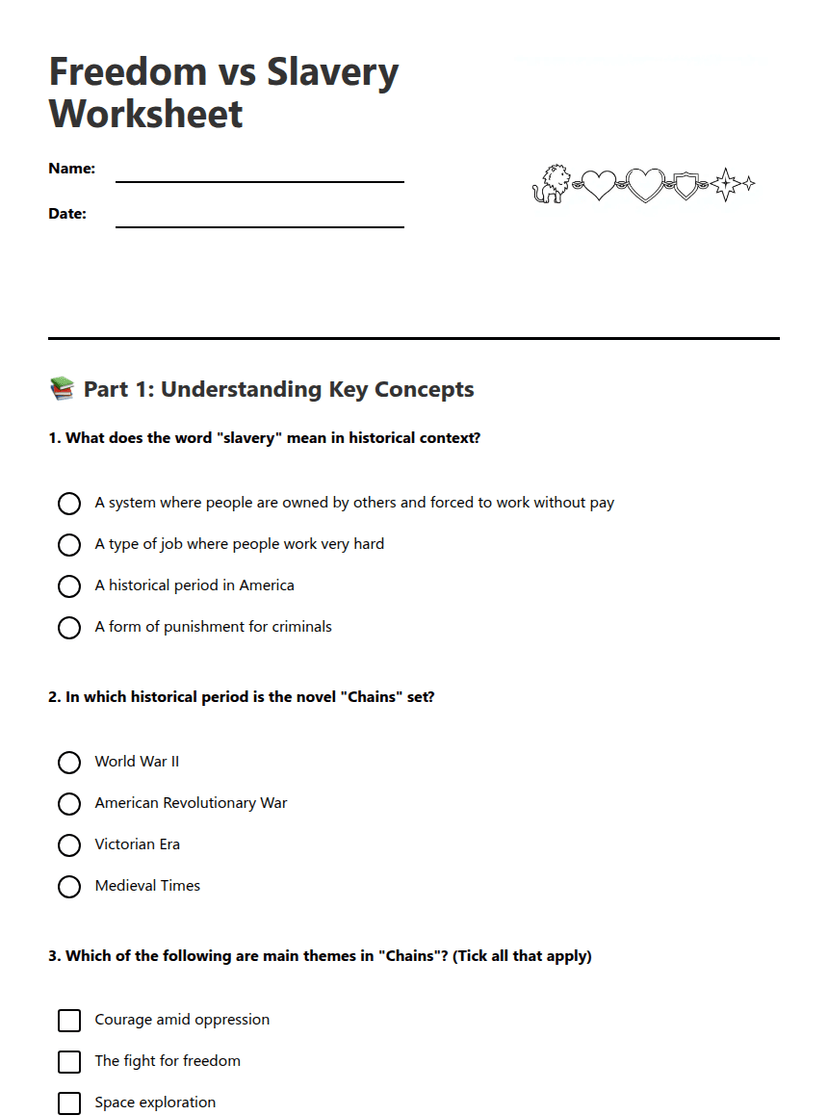 Freedom vs Slavery Worksheet
