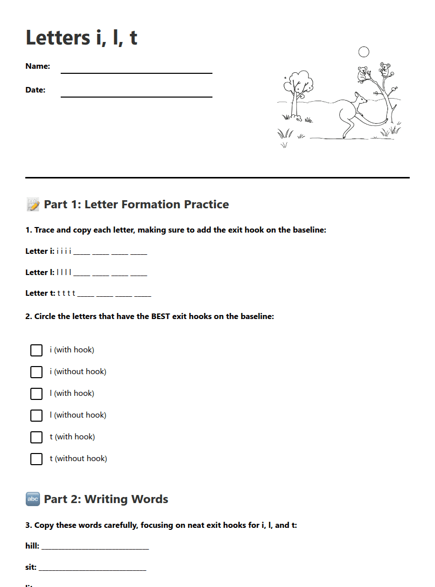 Letters i, l, t worksheet preview