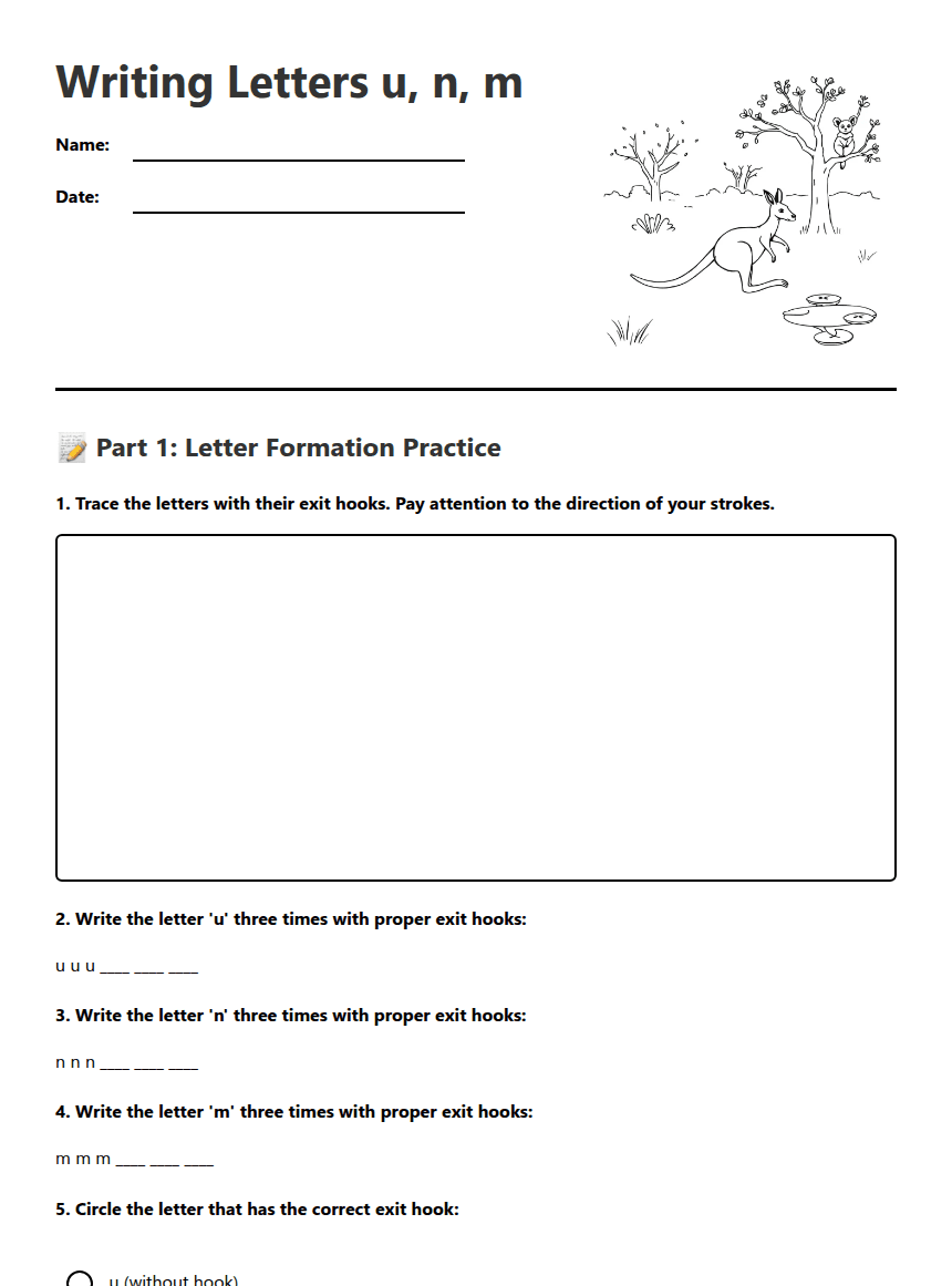 Writing Letters u, n, m worksheet preview
