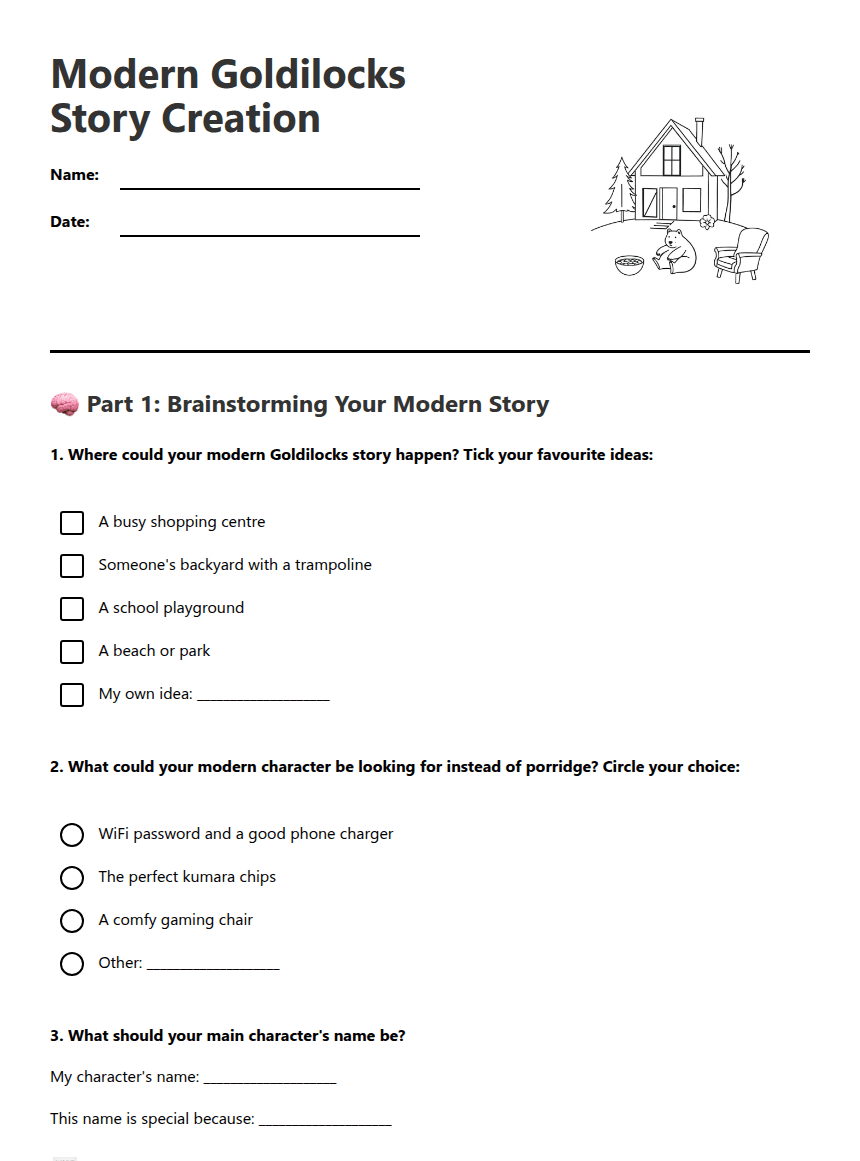 Modern Goldilocks Story Creation worksheet preview