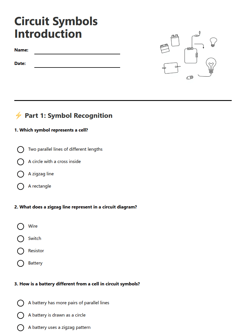 Circuit Symbols Introduction worksheet preview