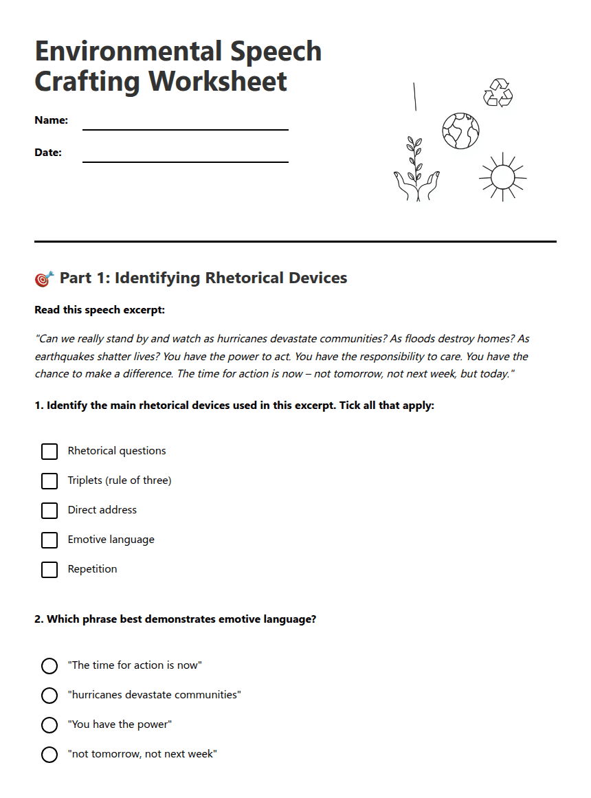 Environmental Speech Crafting Worksheet worksheet preview