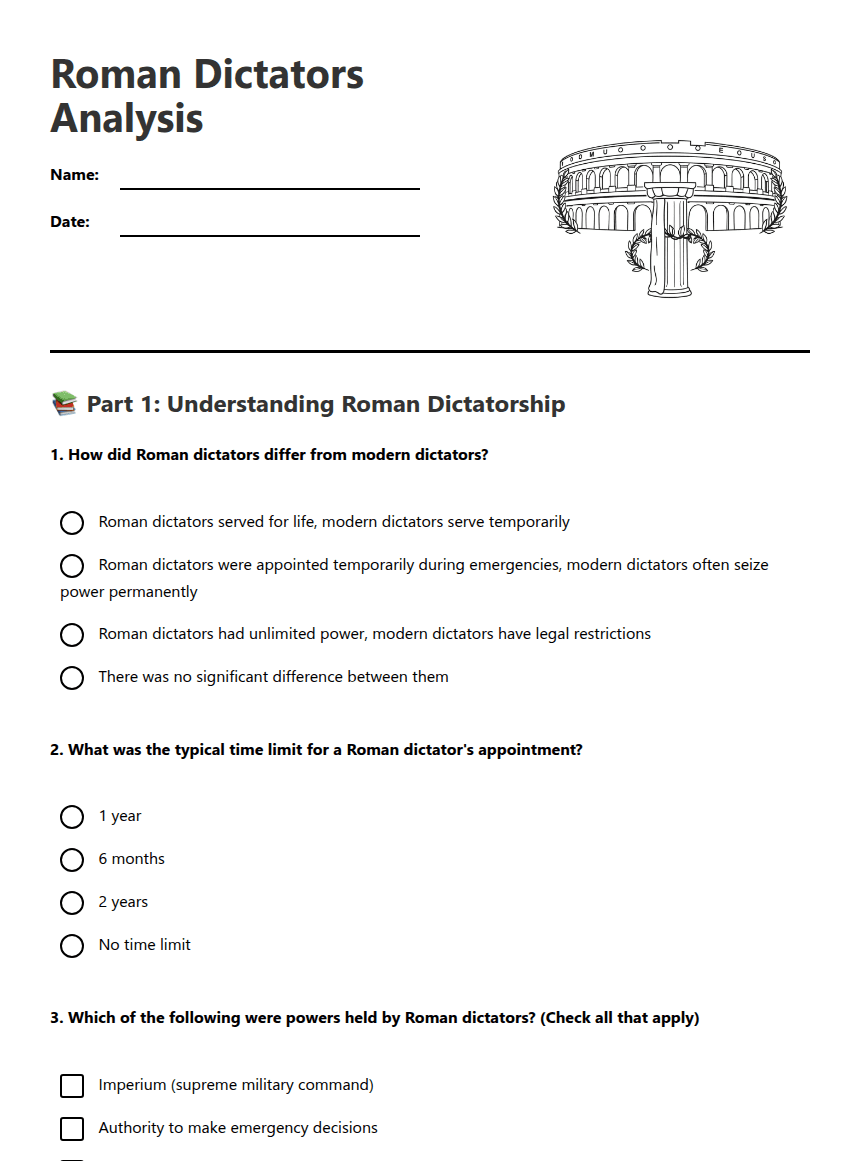 Roman Dictators Analysis worksheet preview