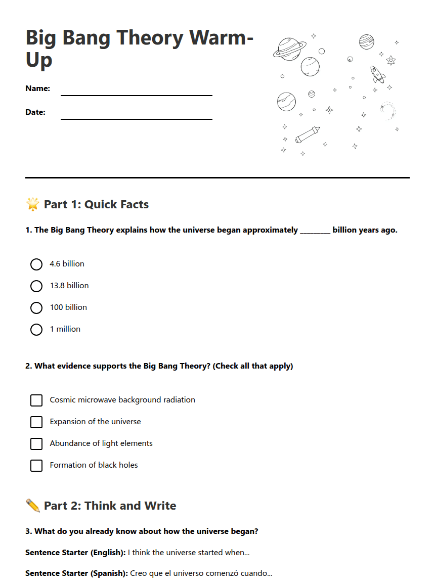 Big Bang Theory Warm-Up worksheet preview