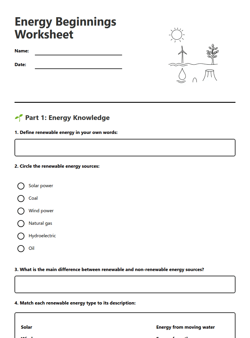 Energy Beginnings Worksheet worksheet preview
