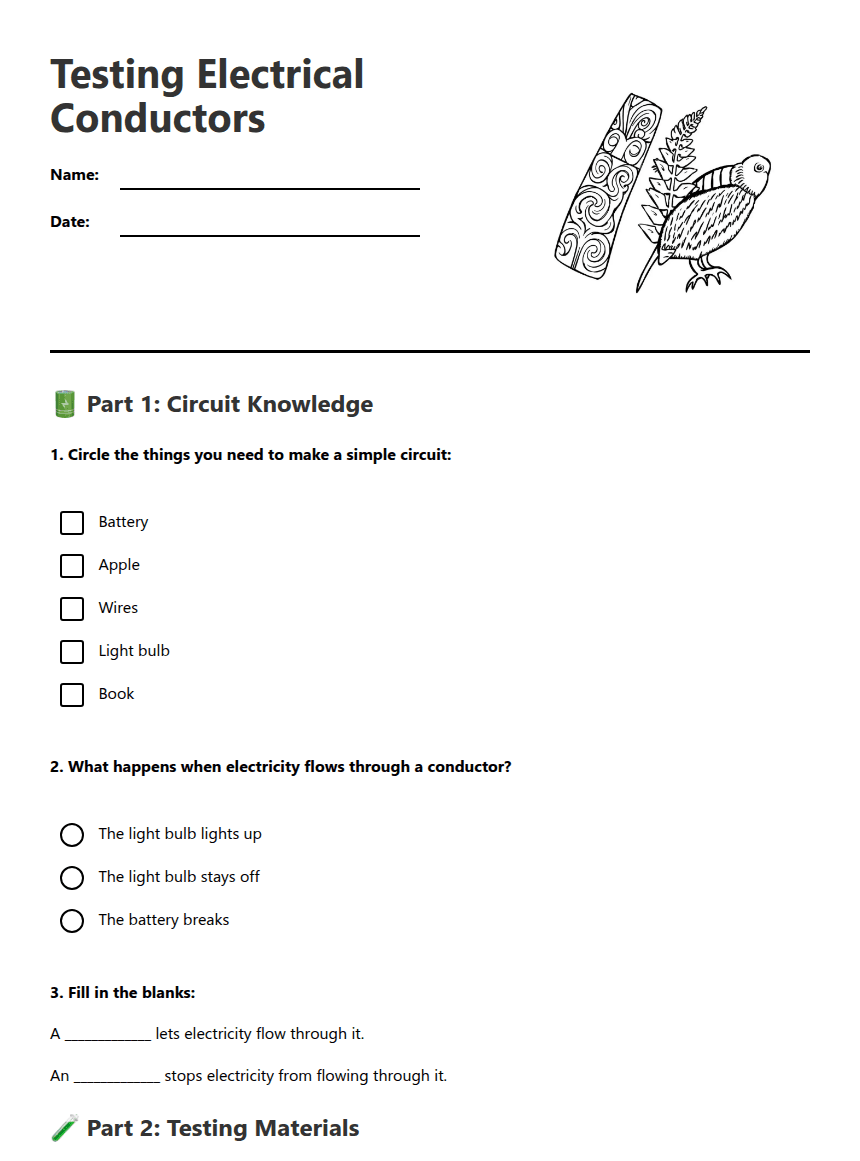 Testing Electrical Conductors worksheet preview