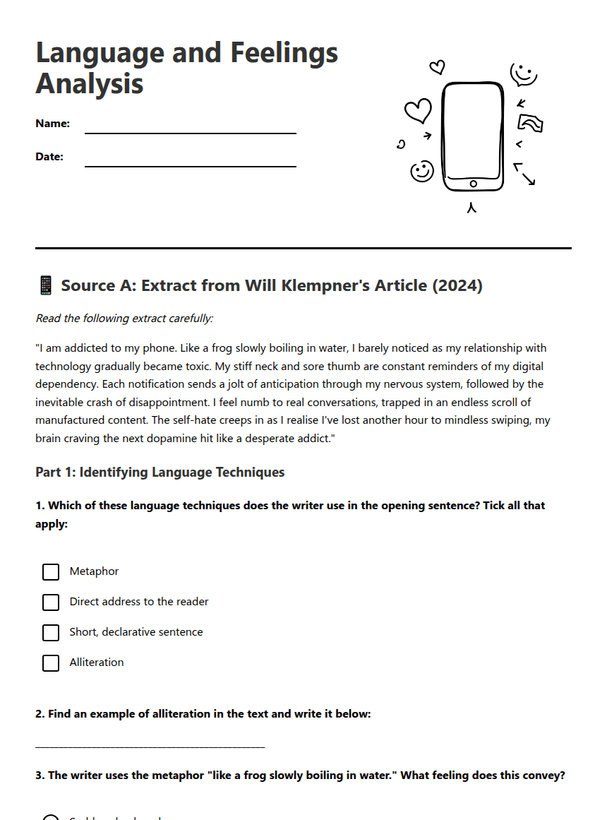 Language and Feelings Analysis worksheet preview