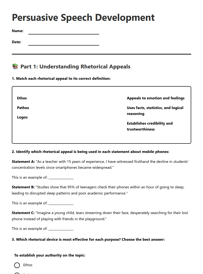 Persuasive Speech Development worksheet preview