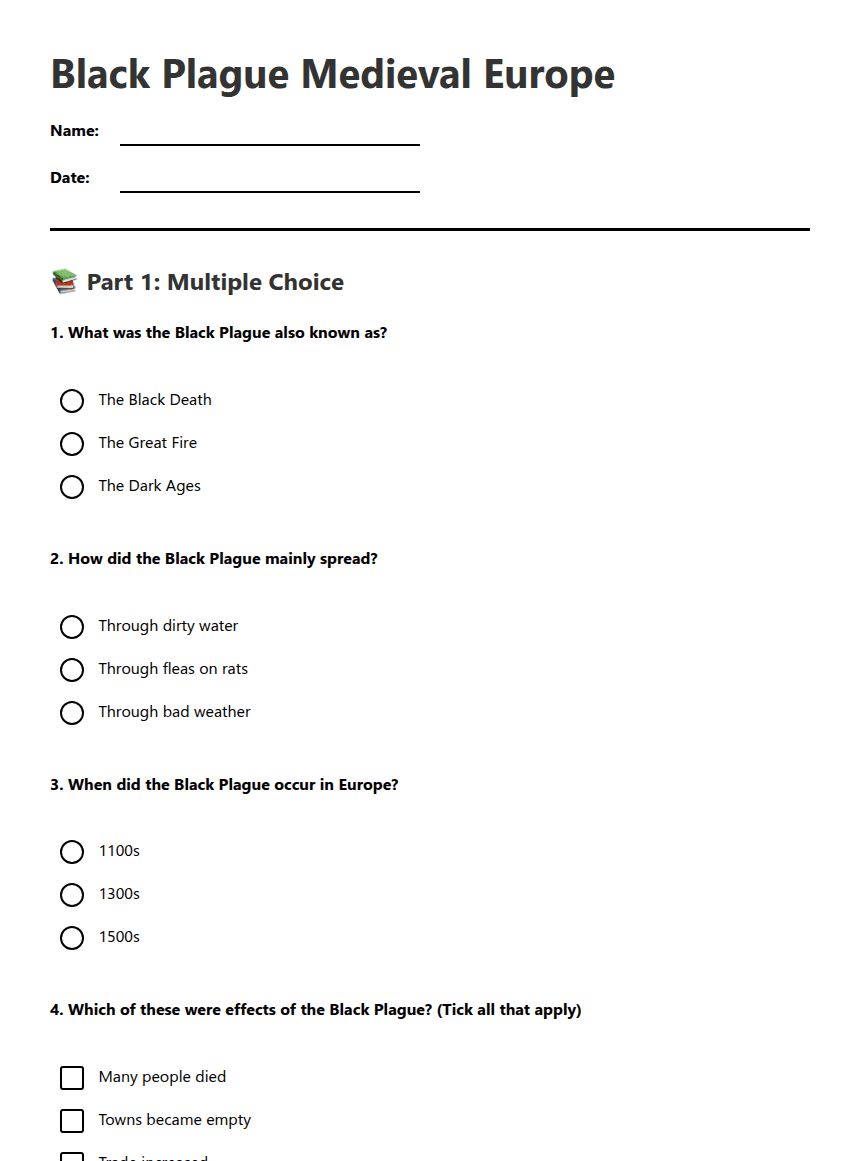 Black Plague Medieval Europe worksheet preview