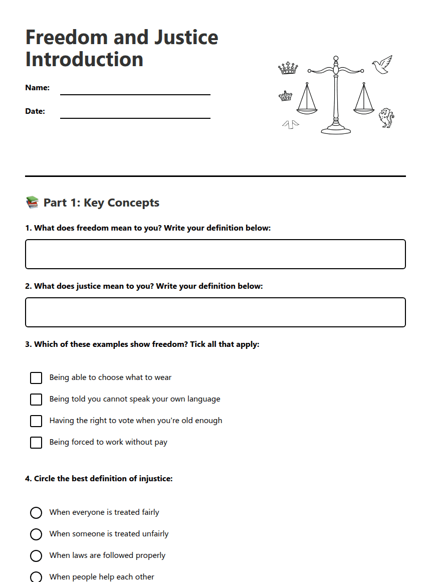 Freedom and Justice Introduction worksheet preview