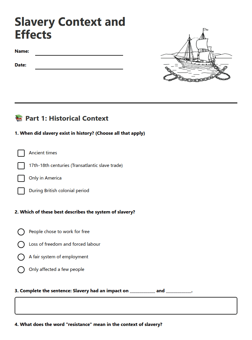 Slavery Context and Effects worksheet preview