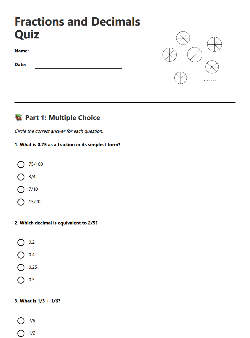 Fractions and Decimals Quiz worksheet preview