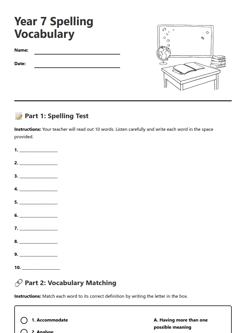 Year 7 Spelling Vocabulary worksheet preview