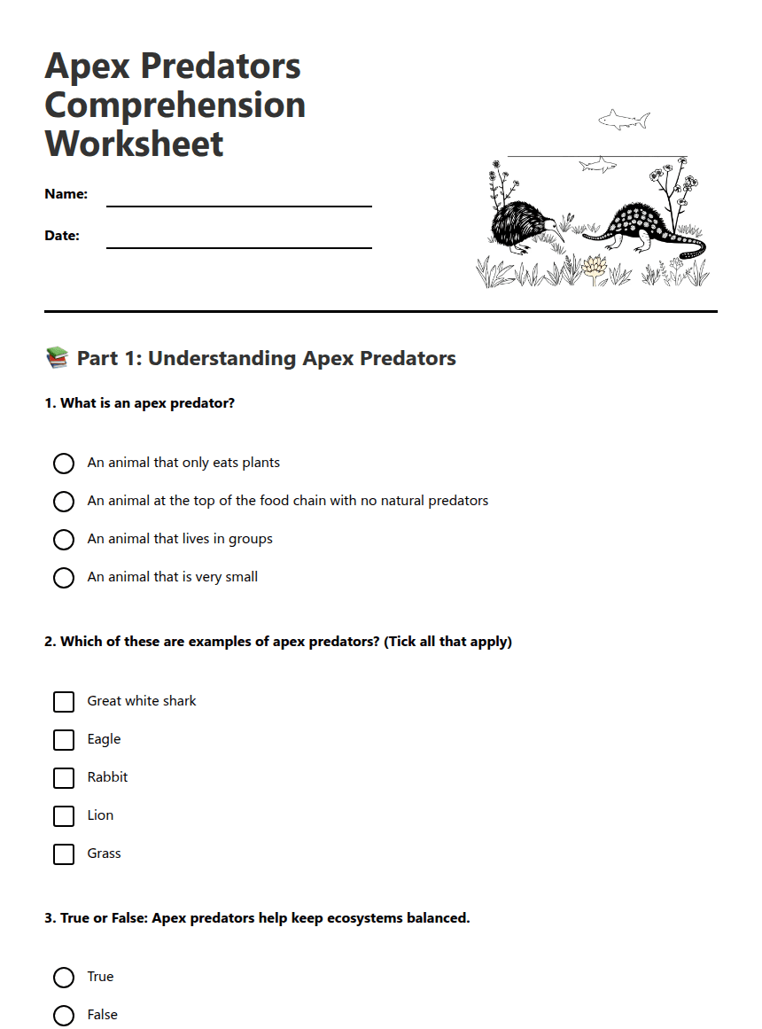 Apex Predators Comprehension Worksheet worksheet preview