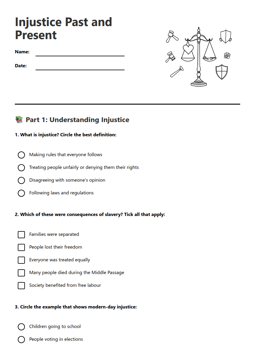 Injustice Past and Present worksheet preview