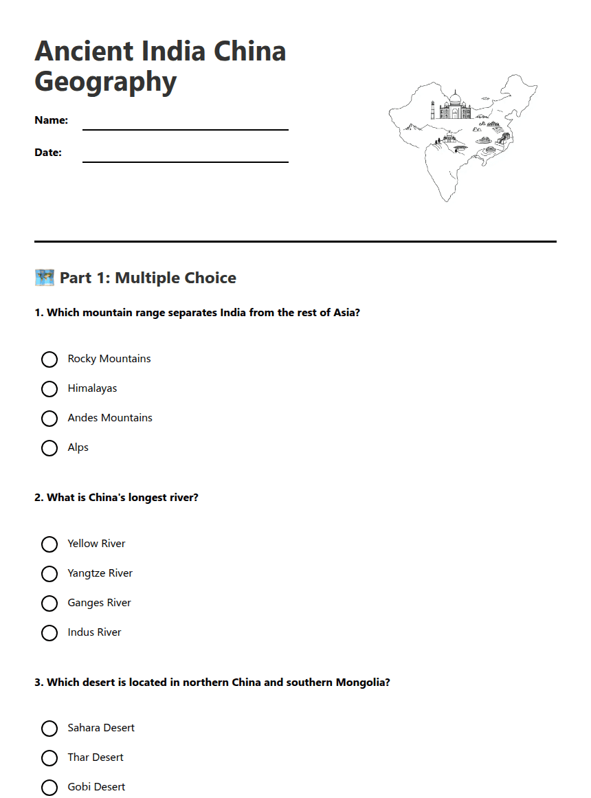 Ancient India China Geography worksheet preview
