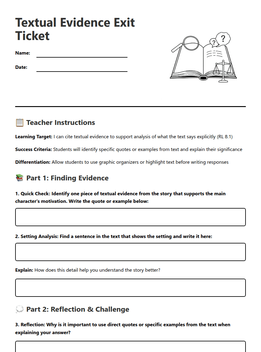 Textual Evidence Exit Ticket worksheet preview