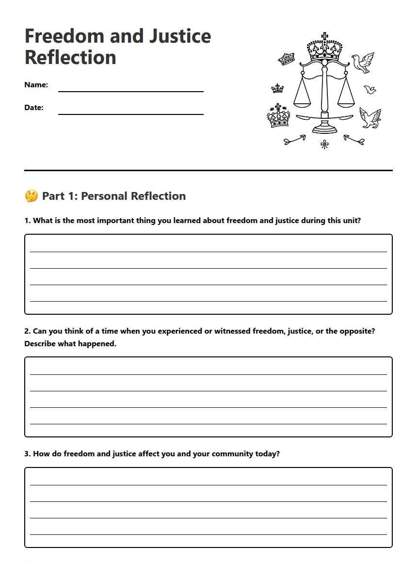 Freedom and Justice Reflection worksheet preview