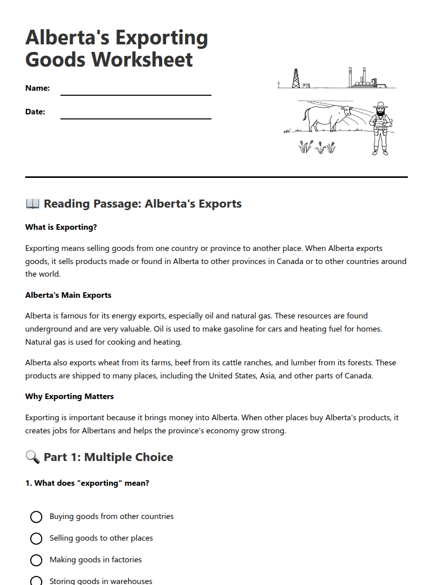 Alberta's Exporting Goods Worksheet worksheet preview