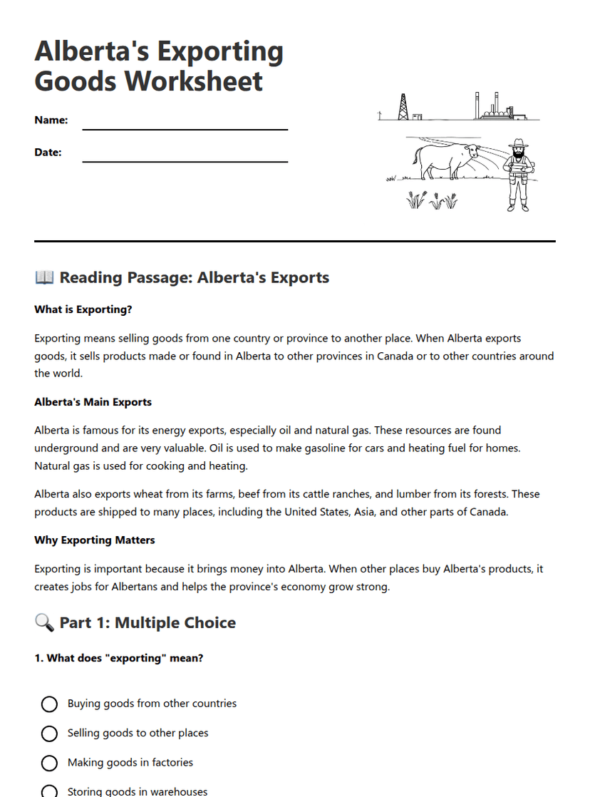 Alberta's Exporting Goods Worksheet