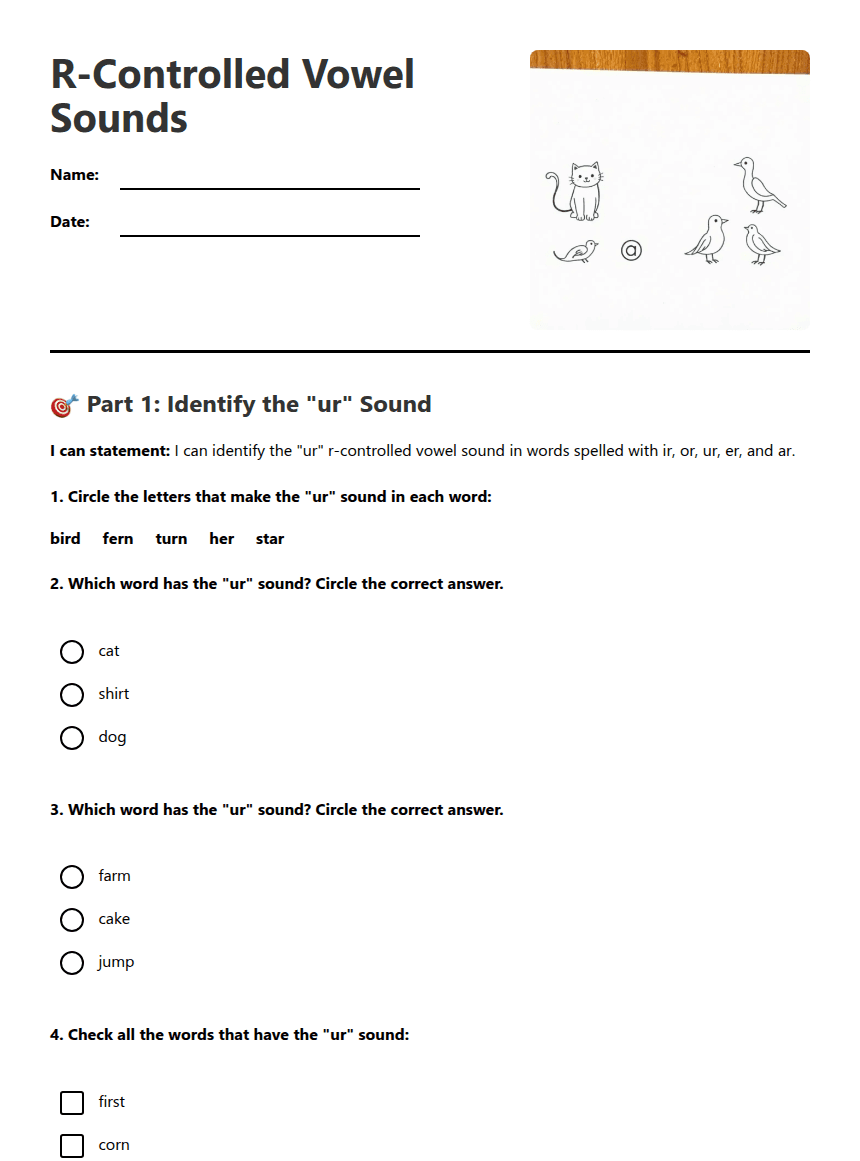 R-Controlled Vowel Sounds worksheet preview
