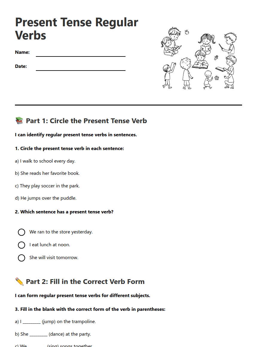 Present Tense Regular Verbs worksheet preview