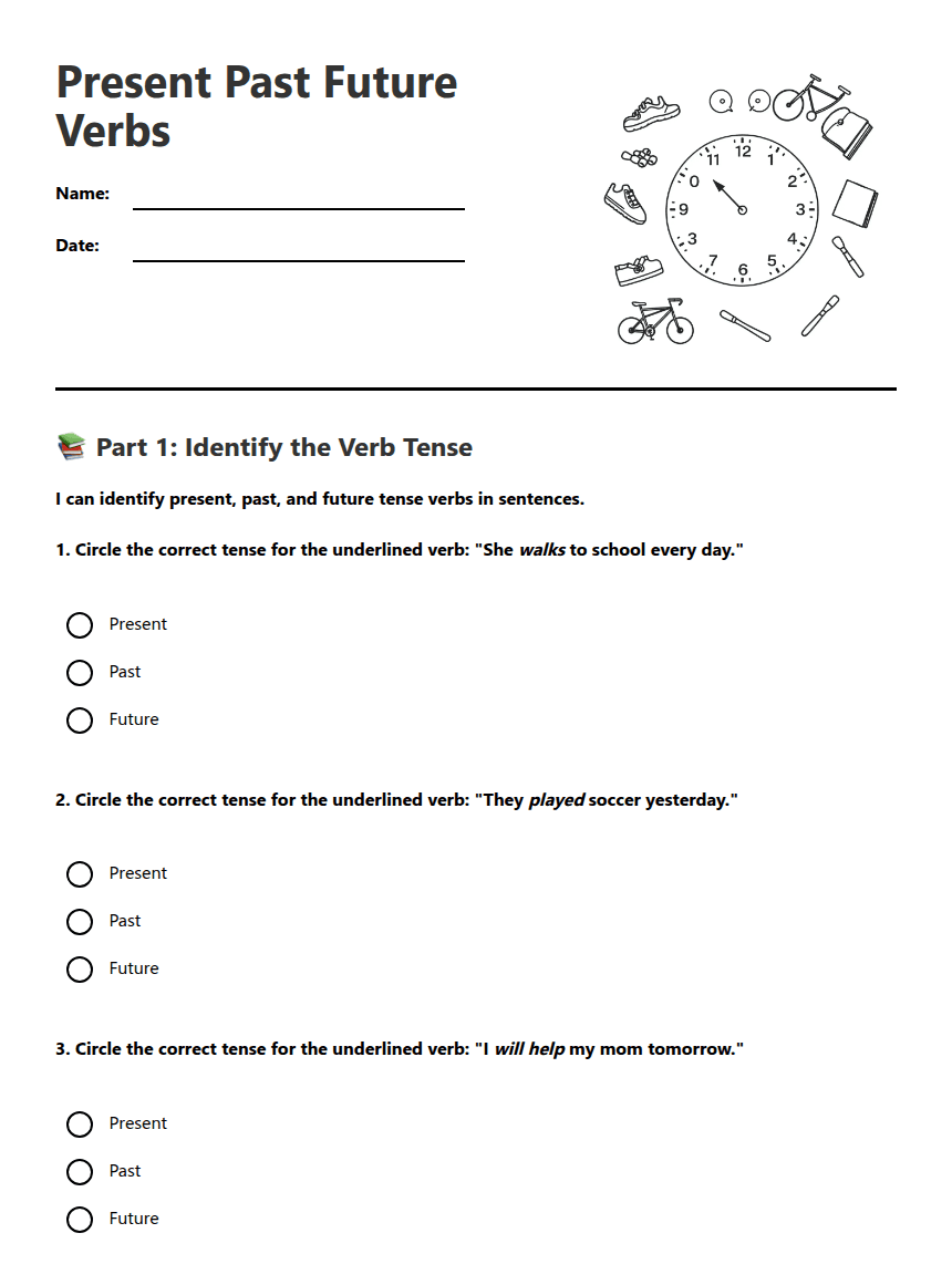 Present Past Future Verbs worksheet preview