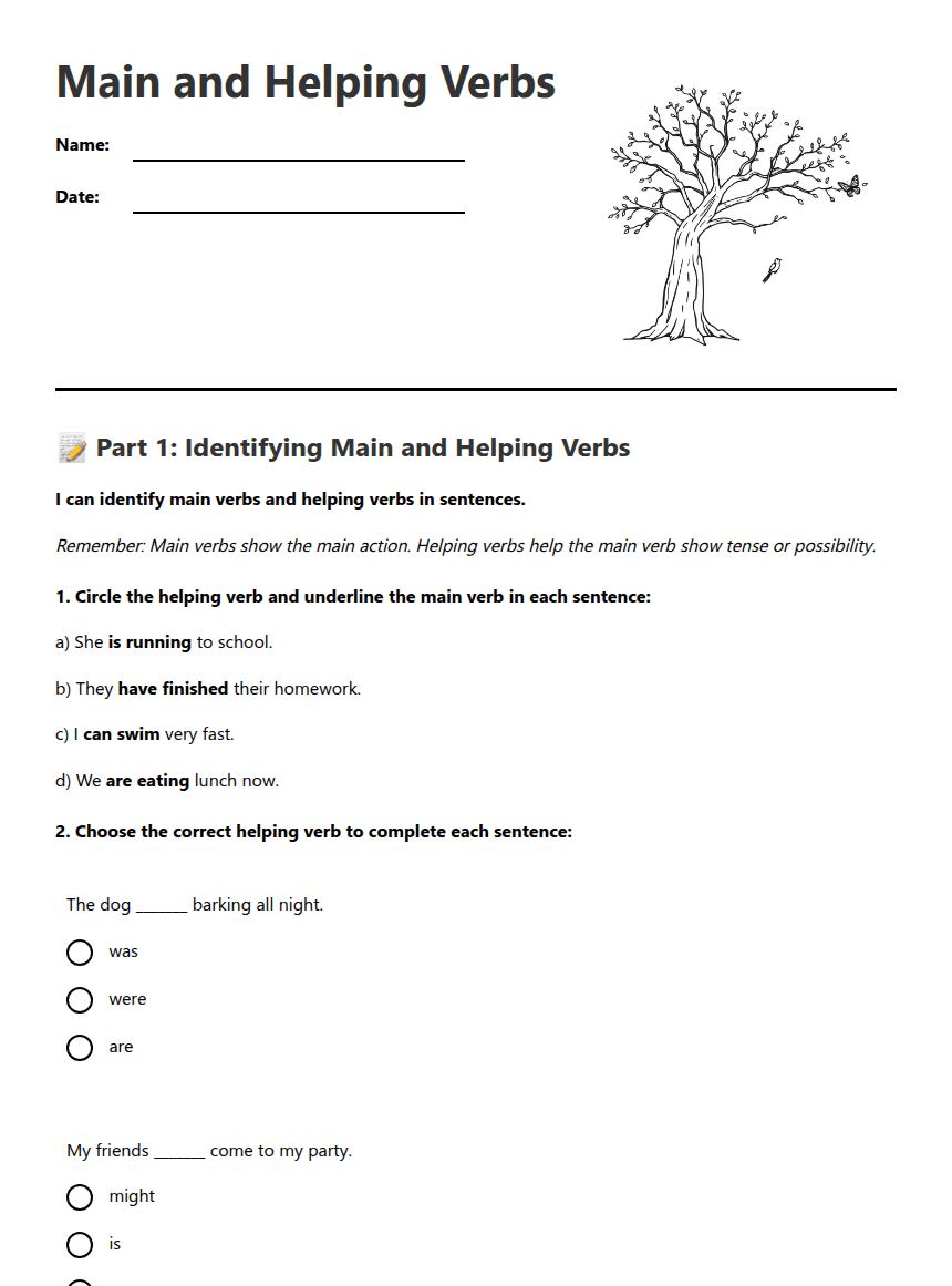 Main and Helping Verbs worksheet preview