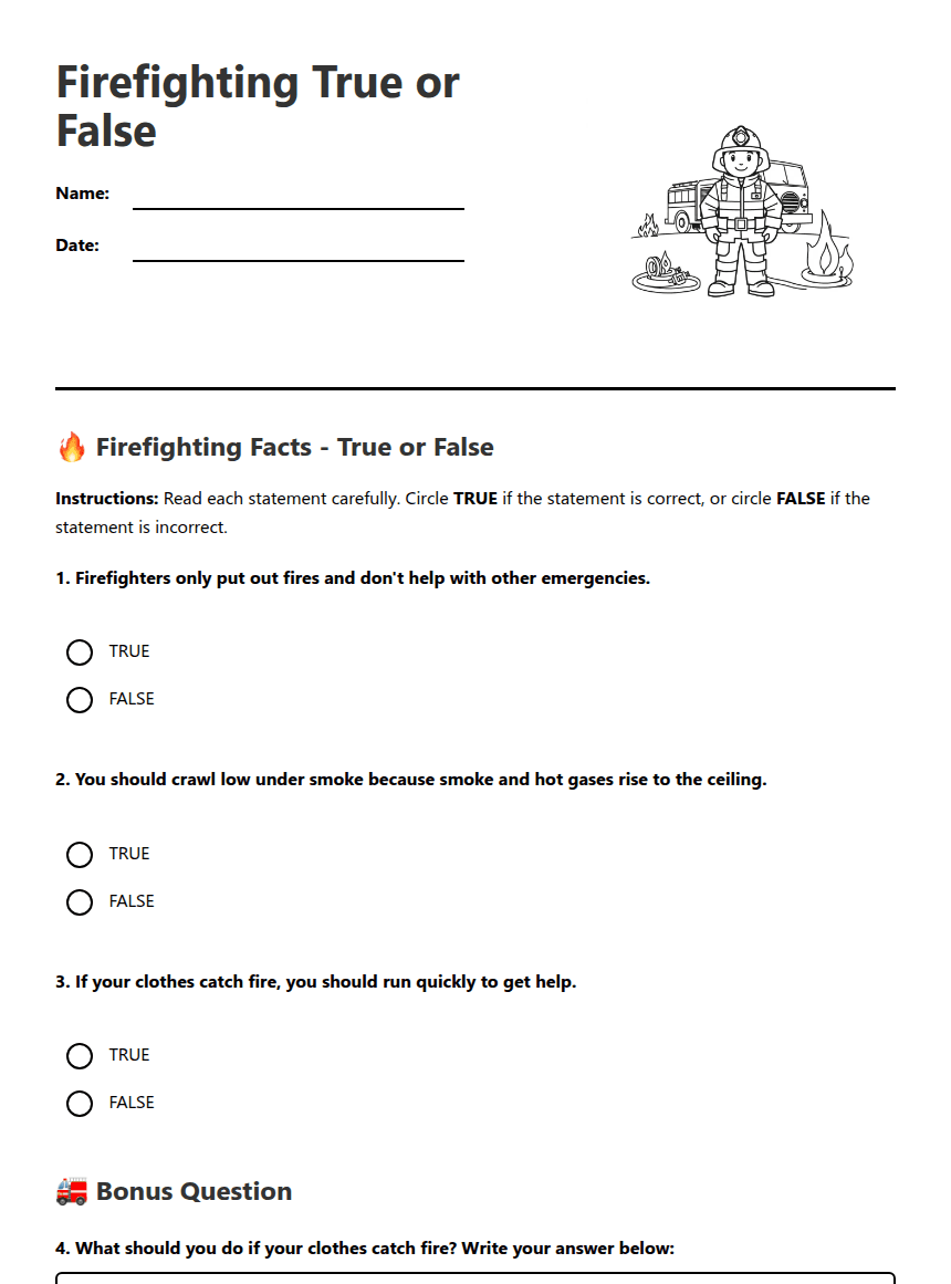 Firefighting True or False worksheet preview