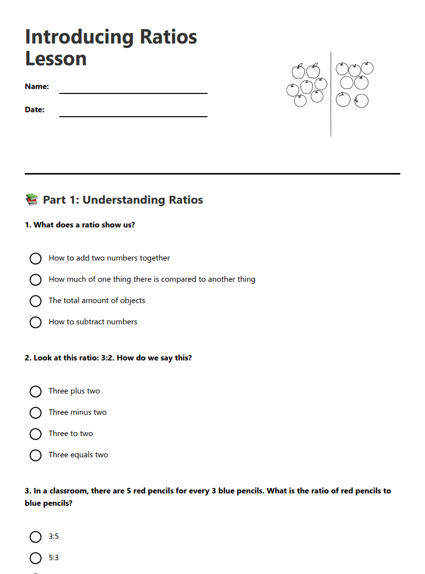 Introducing Ratios Lesson worksheet preview