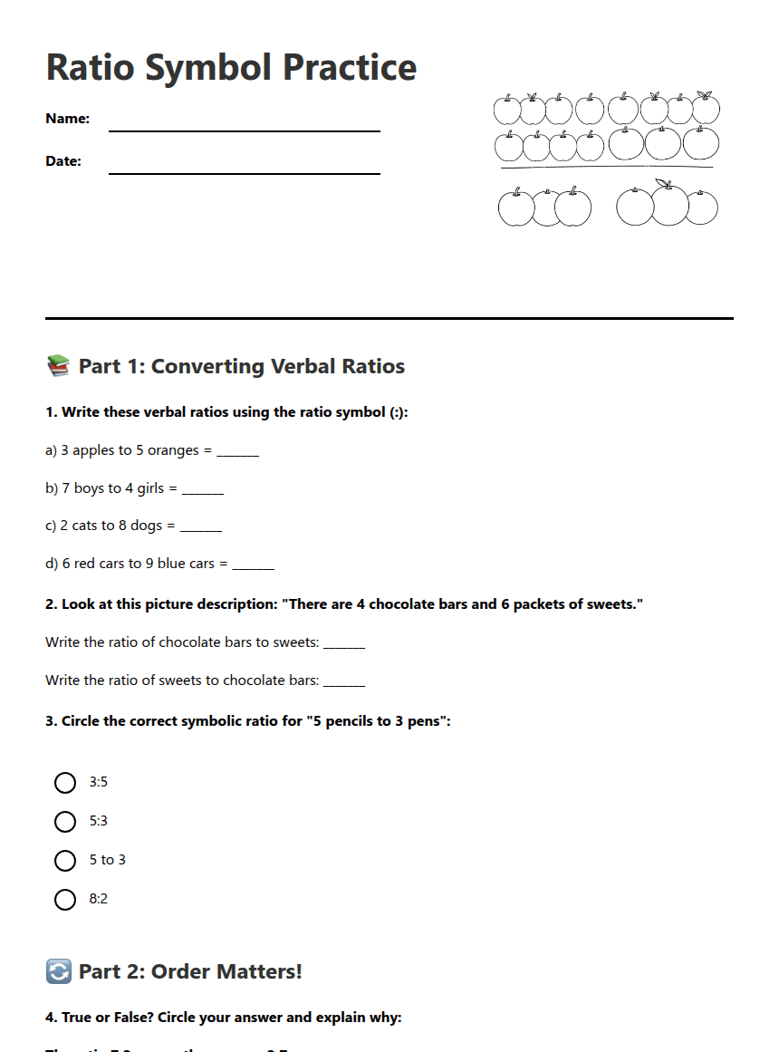 Ratio Symbol Practice worksheet preview